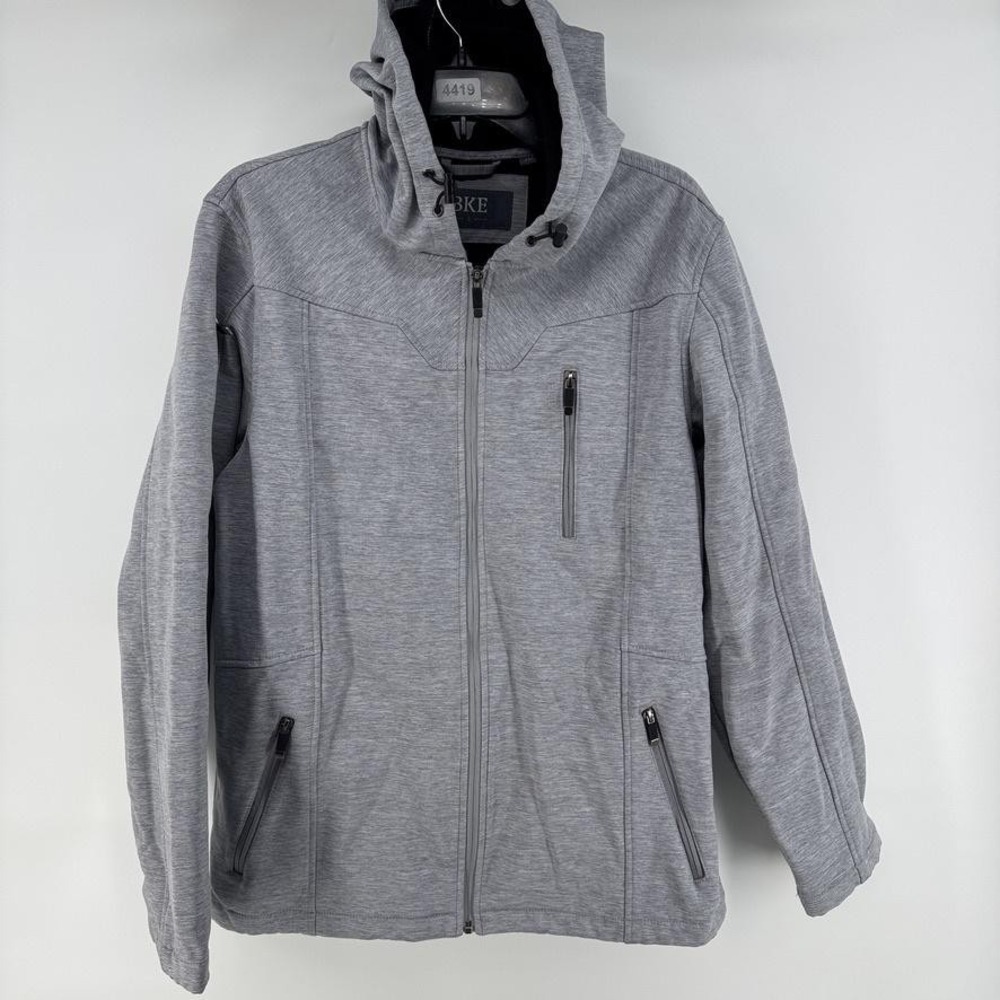 BKE Jacket Mens Large Gray Softshell Hooded Full Zip Fleece Lined Outdoor